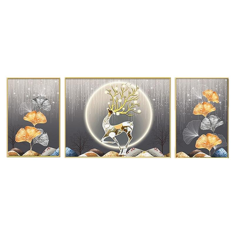 三联画钻石画2026新款高级感满钻招财鹿粘贴满钻十字绣年轻人客厅