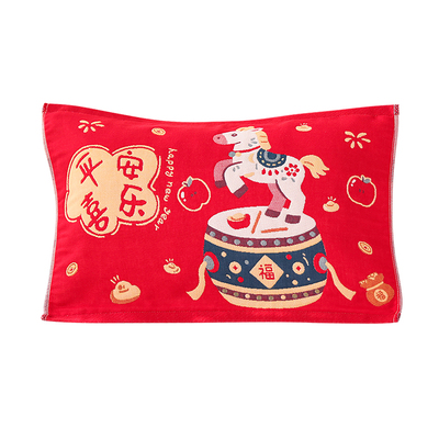 纯棉纱布儿童枕巾马年喜庆红枕巾