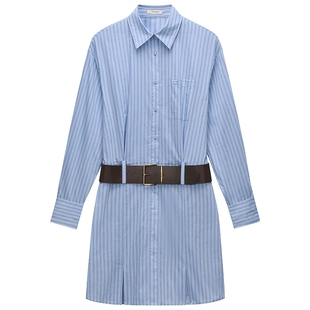 【季末折扣】欧时力条纹衬衫裙连衣裙复古通勤腰带航海系2025秋新