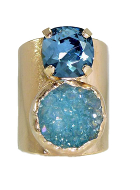 蓝色矿物宝石水晶18K金宽环戒指