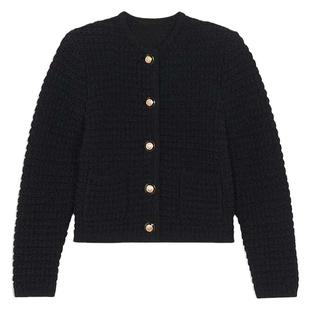 纯元法式小香风新款黑色气质单排扣棉质粗编织针织开衫优雅外套