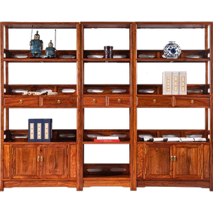 红木家具刺猬紫檀书柜书架三件套实木储物架花梨木中式双门展示架