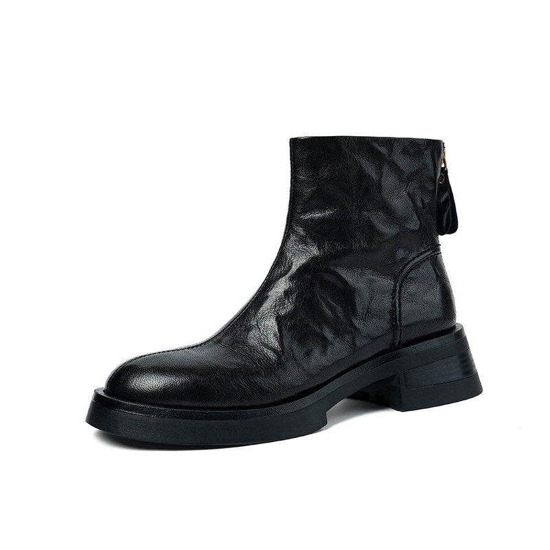 文艺复古质感手抓纹羊皮褶皱短靴~格子家手工真皮增高厚底切尔西
