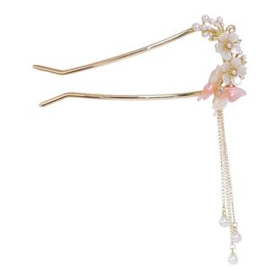 珍珠铃兰花U型发簪仙古风步摇簪子高级新中式盘发簪汉服旗袍头饰