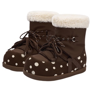 SMILEY笑脸小熊雪地靴棕色冬保暖厚底增高加绒中筒波点棉鞋美拉德