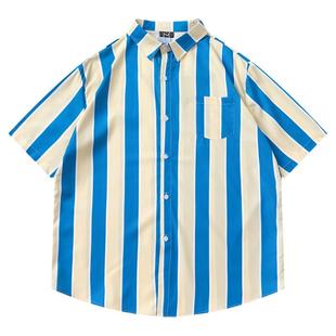 From Mars 遥远海平线 潮牌街头chic拼色竖条纹短袖衬衫宽松休闲