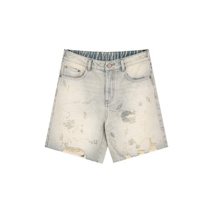 一城画一夏季牛仔短裤珠片绣拼贴潮流不规则抽纱牛仔短裤