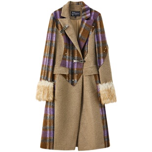 【现货】OfAkiva“漫旅拼图”撞色毛呢外套女长款千鸟格拼接大衣