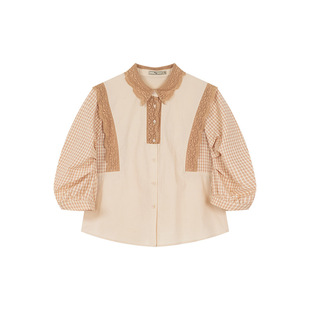 一城画一夏季短款时尚衫色织提花拼接格子五分袖半开领衬衫女