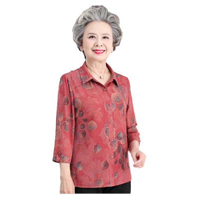 中老年人夏装女真丝绸缎衬衫上衣
