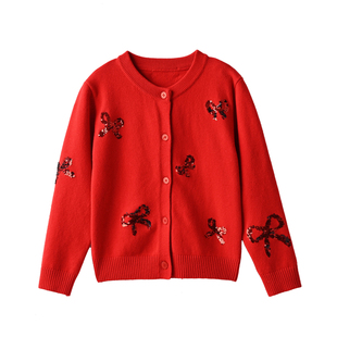 红色新年款 女童针织毛衣 百搭蝴蝶结开衫 中小童 秋冬款