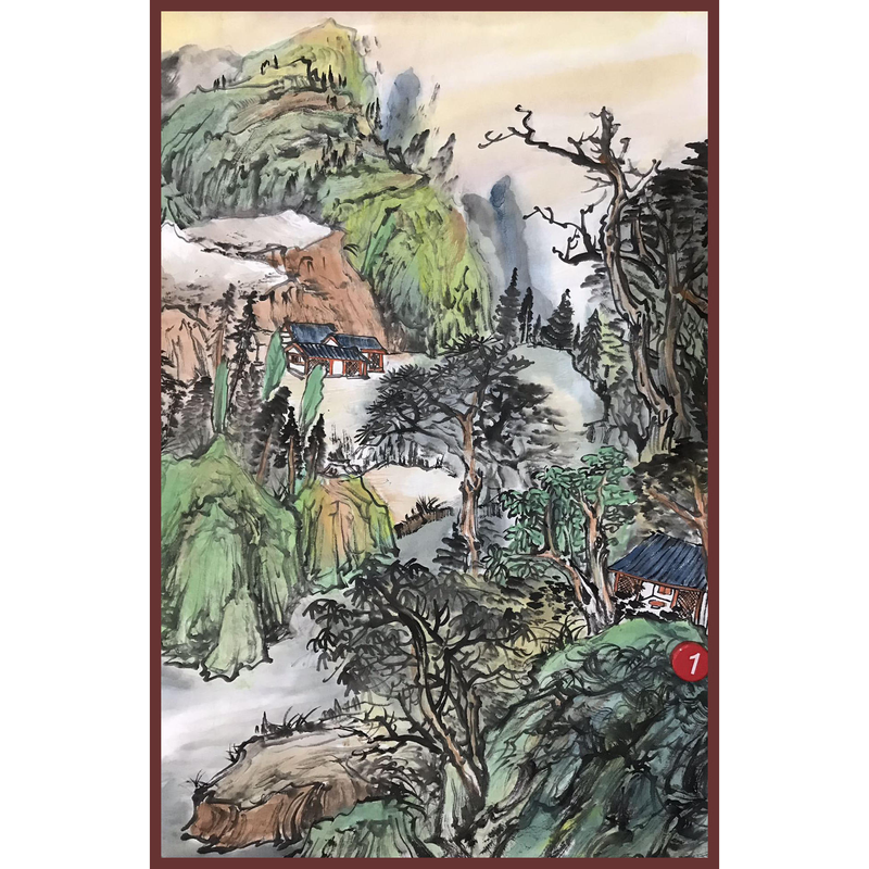手工绘制四尺三开山水风景国画山石房屋水墨画靠山背景装饰画货源