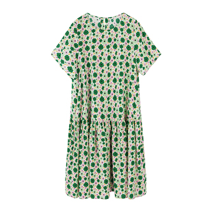 URLAZH有兰夏季新款清新氧气感草绿色圆领短袖桑蚕丝碎花连衣裙女