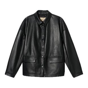 诗篇专选翻领落肩绵羊皮纯色真皮夹克皮衣2025秋款
