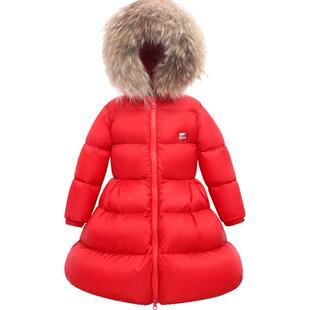 艾可休童装儿童羽绒服中长款带帽貉毛领加厚宝宝女童连帽保暖外套