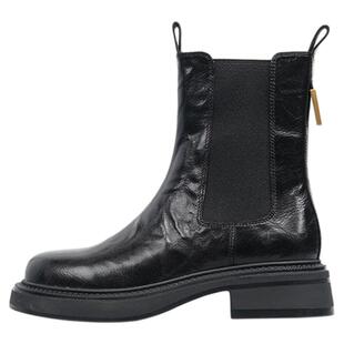 星期六超软真皮加绒羊皮靴抓皱时装靴新款黑色切尔西靴短筒靴女子