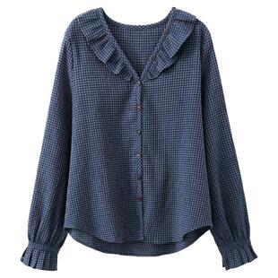 【清仓秒杀】秋韩系气质裙子小个子减龄洋气小众独特复古蓝格衬衫