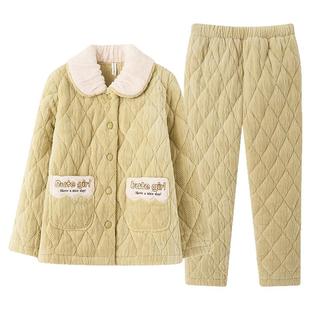 芬腾绿色睡衣女冬季三层夹棉加厚加绒珊瑚绒时尚高端家居服可外穿