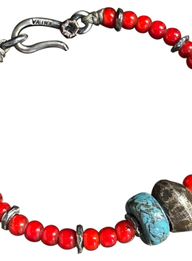 跋折罗红琉璃复古松石银珠手链