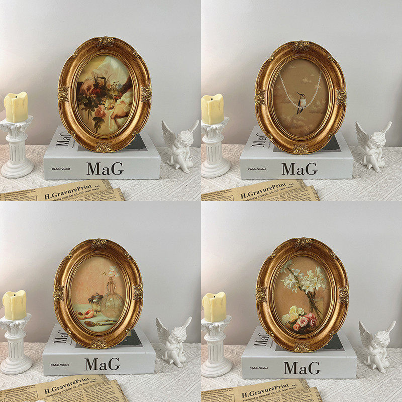 法式复古油画装饰画客厅玄关卧室桌面摆件雕花椭圆玻璃相框挂画