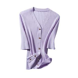 优雅女人BI囤系列~精致法式气质 金扣坑条V领中袖纯羊毛针织开衫