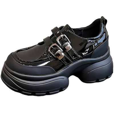 松糕厚底乐福鞋魔术贴黑色小皮鞋