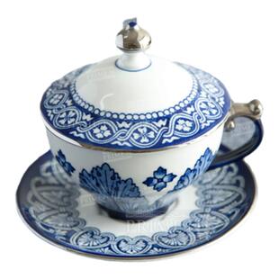 内项黄金时代出口俄罗斯镀银手绘带盖含碟大容量茶杯咖啡杯套组