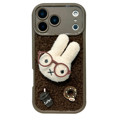 棕色毛绒眼镜兔子手机壳