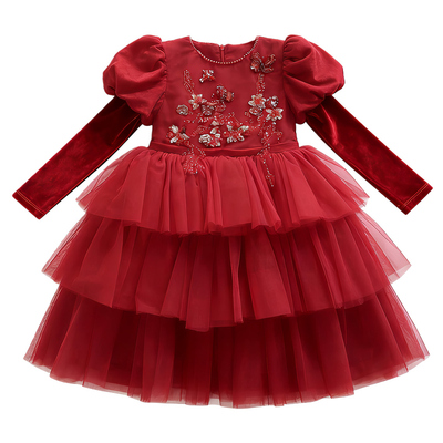 高级感女童红色连衣裙秋冬加绒蓬蓬裙儿童公主裙高端生日礼服新年