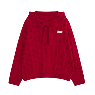 YUZI鱼子蝴蝶结麻花毛衣红色带帽上衣宽松休闲百搭针织衫大码女装