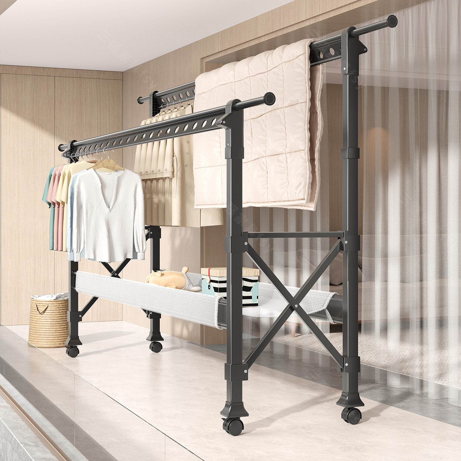 晾衣架落地室内折叠家用晾衣杆阳台外卧室晒被子神器升降移动架子