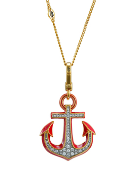 立体镶钻珐琅釉红色船锚吊坠项链