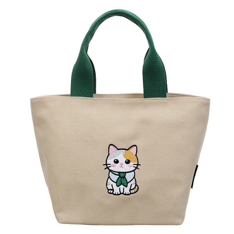 刺绣猫咪帆布小包包女夏季百搭妈咪便当手提袋上班通勤手拎托特包