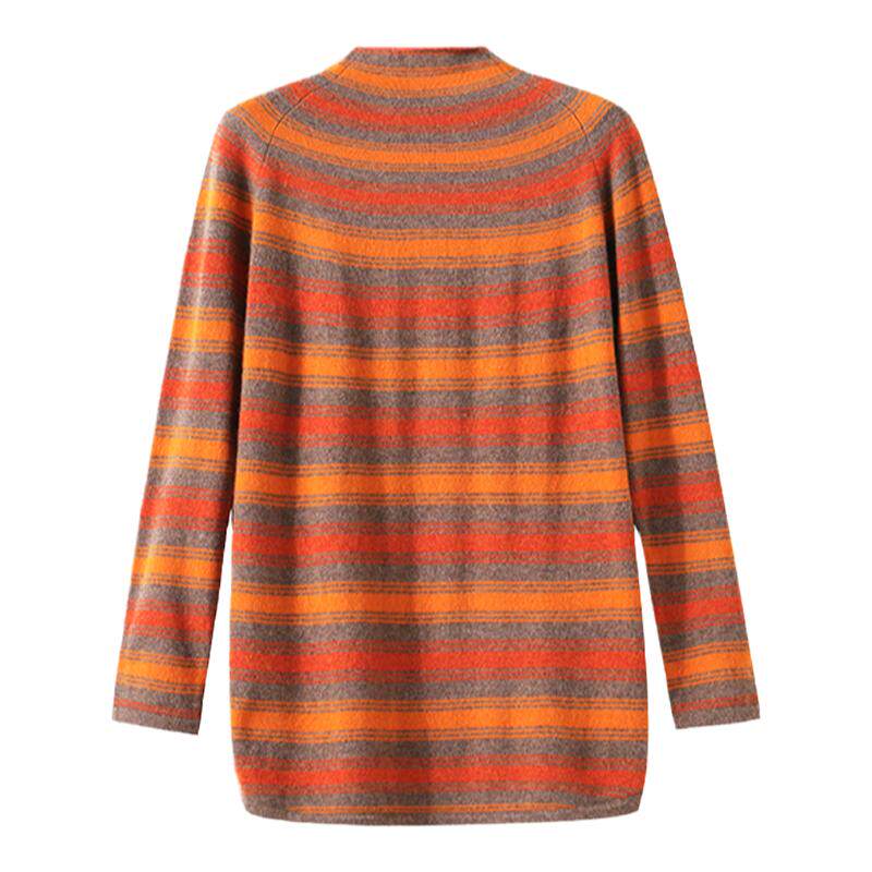 日神羊绒衫女中长款套头堆堆领时尚休闲针织彩色条纹打底修身毛衣