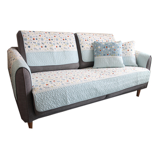 幸福里蓝色田园小清新现代简约全棉布艺四季通用防滑沙发垫子套巾