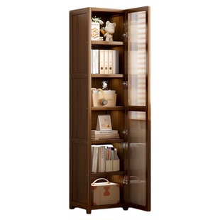 家用实木简易书架落地书橱加高窄款客厅置物收纳柜带柜门防尘书架