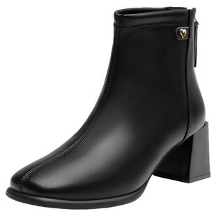 大东官方粗跟短靴女2026新款秋季黑色高跟切尔西靴子瘦瘦靴小裸靴