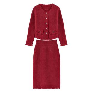 秋水伊人小香风针织套装新年穿搭2026春季新款红色两件套裙装女