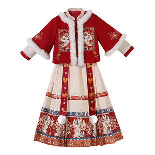 拜年服女童冬季儿童汉服国风唐装2025新款女孩过新年喜庆衣服冬装