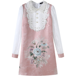 裙子2026新款女装春季高定如心公主裙重工镶钻蕾丝提花粉色连衣裙