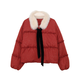 ENJOYME商场同款亮片花边短款羽绒服女2025冬毛领红色白鸭绒外套