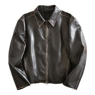 西班牙柜699 水洗复古擦色PU皮春季男士时尚机车翻领皮衣夹克外套