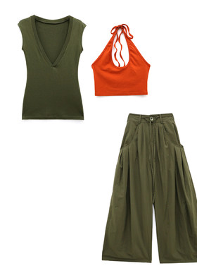 CIZZLEMORE 【青禾落日】撞色深v天丝羊毛上衣挂脖针织背心套装