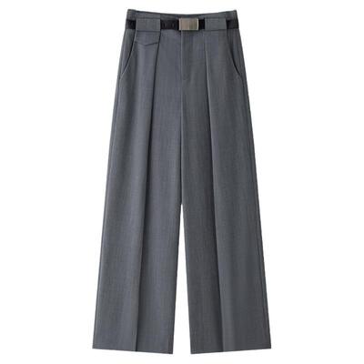 N·MORE设计师品牌  灰色设计感高腰阔腿羊毛西装长裤