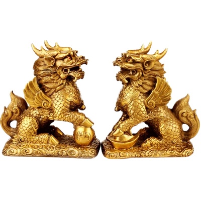 聚缘阁全黄铜麒麟摆件一对新中式