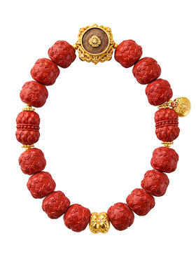 觉人纯正朱砂手串镂空并蒂莲镶沉香纯银福袋新年红手链[如意连莲]