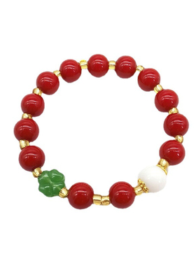 新款仿朱砂绿色四叶草手链单圈圆珠水晶手链手串配饰手饰-1037