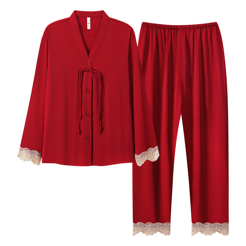 思馨坊情侣冰丝红色结婚长袖睡衣