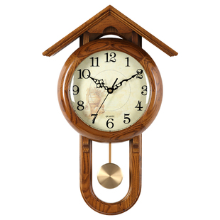 客厅实木摇摆挂钟家用中式复古装饰壁挂静音石英钟挂墙摆钟11622
