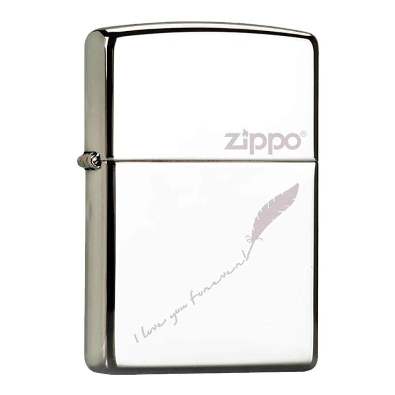 zippo打火机250白冰镜面爱情羽毛
